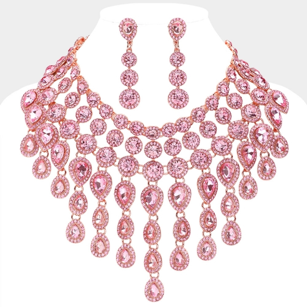 Elegant Pink & RoseGold Crystal Choker Necklace Set Waterfall Statement Jewelry